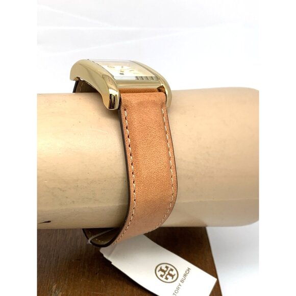 Tory Burch Women\'s Watch TBW1068 Tank Cream Dial Gold Quartz Brown Leather Band
